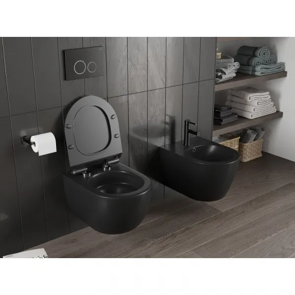 MEXEN/S - Carmen Závesná WC misa Rimless Tornado vrátane sedátka s slow slim, duroplast, čierna mat 30880185T