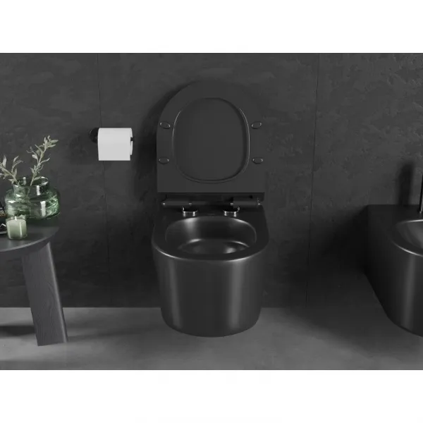 MEXEN/S - Sofia Závesná WC misa Rimless Tornado vrátane sedátka s slow slim, duroplast, čierna mat 30540185T