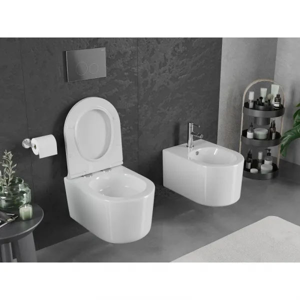 MEXEN/S - Sofia Závesná WC misa Rimless Tornado vrátane sedátka s slow slim, duroplast, biela lesk 30540500T