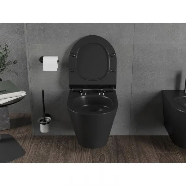 MEXEN/S - Rico Závesná WC misa Rimless Tornado vrátane sedátka s slow slim, duroplast, čierna mat 30720185T