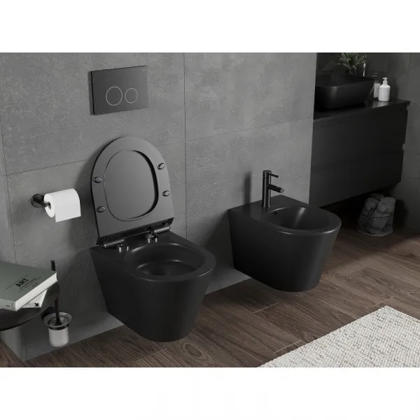 MEXEN/S - Rico Závesná WC misa Rimless Tornado vrátane sedátka s slow slim, duroplast, čierna mat 30720185T