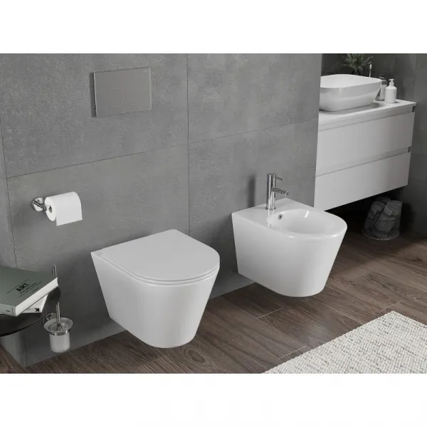 MEXEN/S - Rico Závesná WC misa Rimless Tornado vrátane sedátka s slow slim, duroplast, biela lesk 30720300T