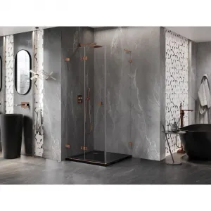 MEXEN/S - Lunar-F L sprchový kút skladacie dvere ľavá 100 x 100, transparent, ružové zlato 836L-100-100-60-00-L