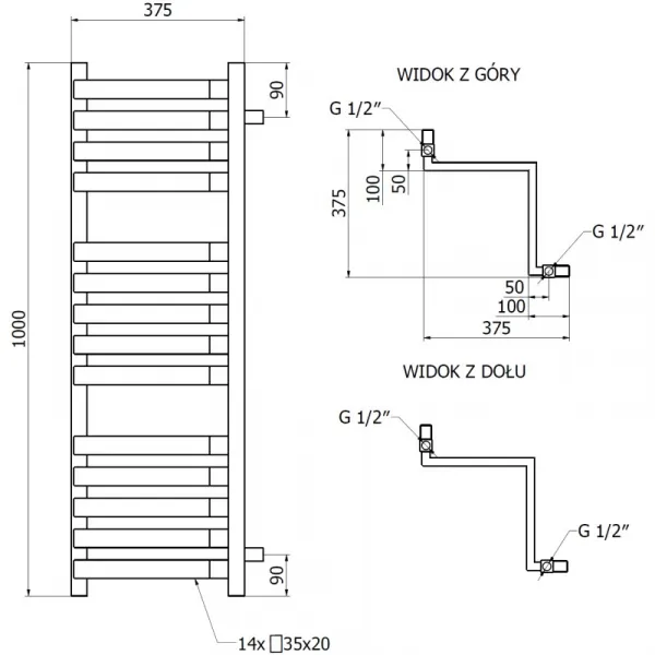 MEXEN - Loop vykurovací rebrík/radiátor 1000 x 375 mm, 572 W, čierna W129-1000-350-00-70