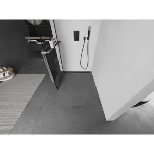 MEXEN/S - Kioto+ L Sprchová zástena WALK-IN s poličkou a držiakom uterákov 70 x 200, čierny vzor, grafit kartáčovaná 800-070-123-66-77