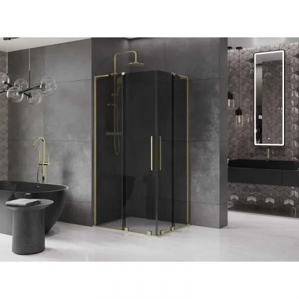 MEXEN/S - Velar L Duo sprchovací kút, posuvné dvere 90 x 80, grafit, zlato kartáčovaná 871-090-080-02-43-55