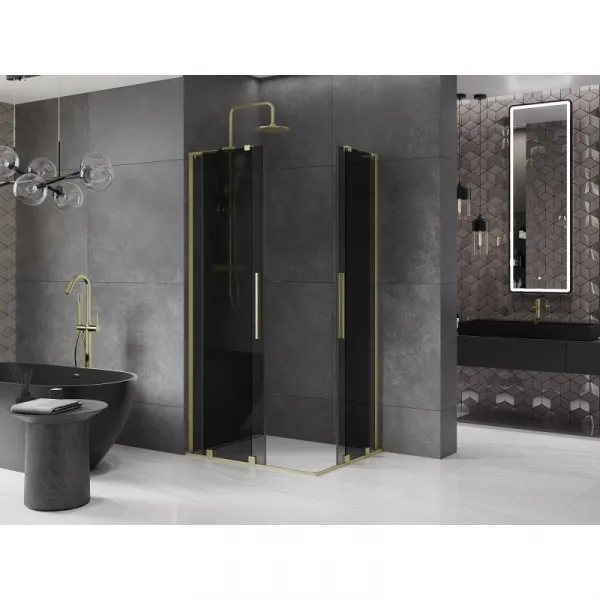 MEXEN/S - Velar L Duo sprchovací kút, posuvné dvere 90 x 80, grafit, zlato kartáčovaná 871-090-080-02-43-55