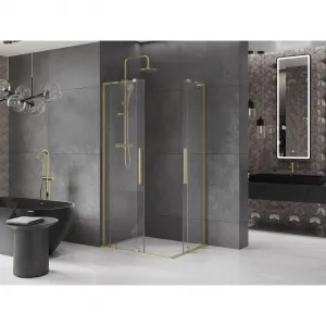 MEXEN/S - Velar L Duo sprchovací kút, posuvné dvere 90 x 80, transparent, zlato kartáčovaná 871-090-080-02-03-55