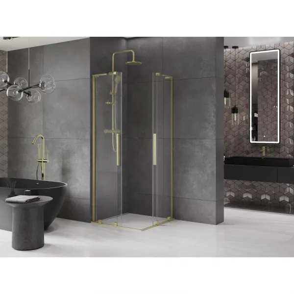 MEXEN/S - Velar L Duo sprchovací kút, posuvné dvere 100 x 100, transparent, zlato kartáčovaná 871-100-100-02-03-55