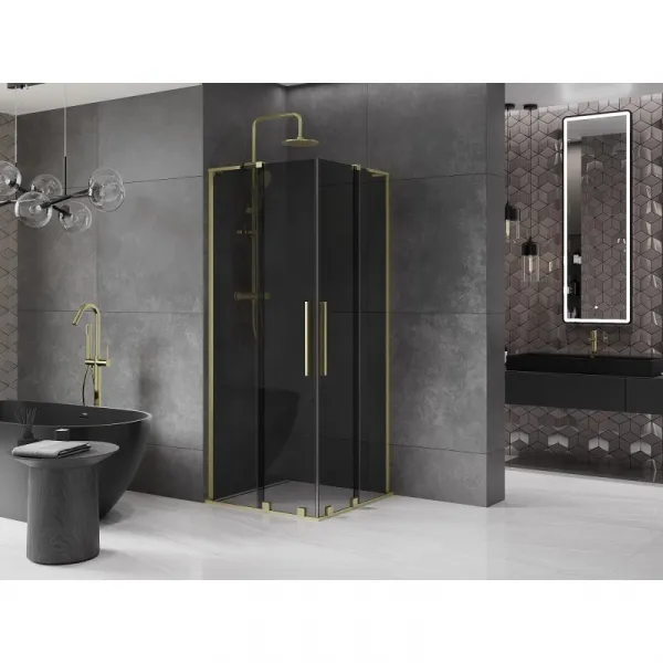 MEXEN/S - Velar L Duo sprchovací kút, posuvné dvere 90 x 90, grafit, zlato kartáčovaná 871-090-090-02-43-55