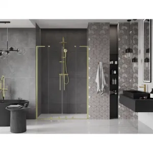 MEXEN/S - Velar L Duo posuvné sprchové dvere 140, transparent, zlatá kartáčovaná 871-140-003-02-55