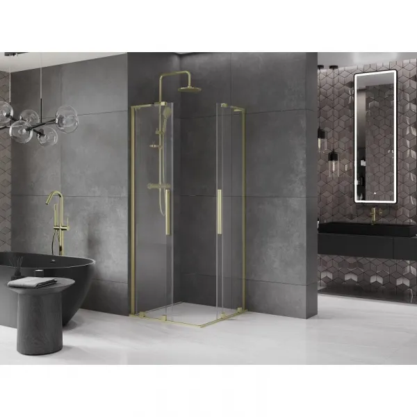 MEXEN/S - Velar L Duo sprchovací kút, posuvné dvere 80 x 80, transparent, zlato kartáčovaná 871-080-080-02-03-55