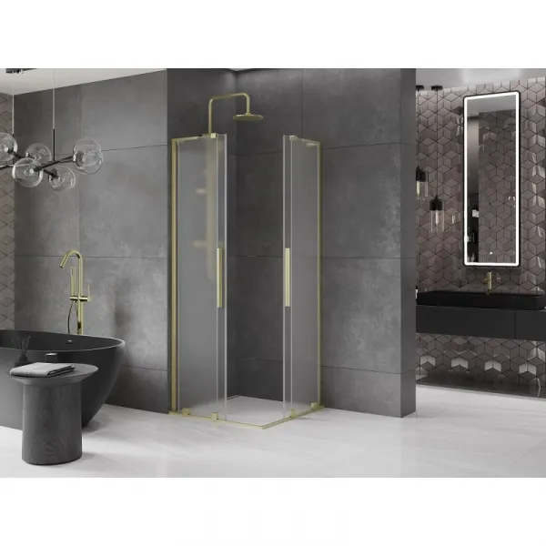MEXEN/S - Velar L Duo sprchovací kút, posuvné dvere 100 x 100, dekor, zlato kartáčovaná 871-100-100-02-33-55