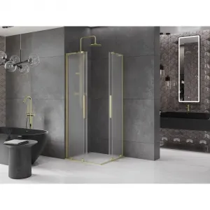 MEXEN/S - Velar L Duo sprchovací kút, posuvné dvere 100 x 100, dekor, zlato kartáčovaná 871-100-100-02-33-55