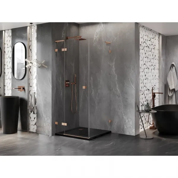 MEXEN/S - Lunar L sprchový kút dvere krídlové ľavá 100 x 100, transparent, meď kartáčovaná 834L-100-100-65-00-L