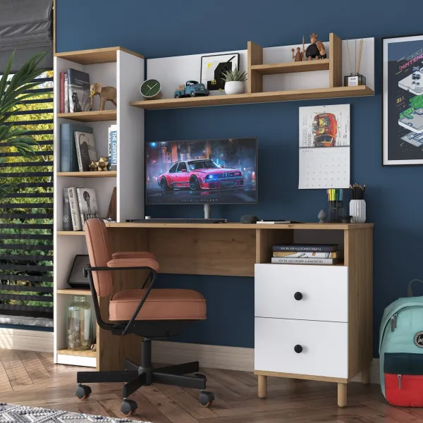 Kalune Design Moderní sada Darah s psacím stolem, knihovnou a policí ořech/bílá