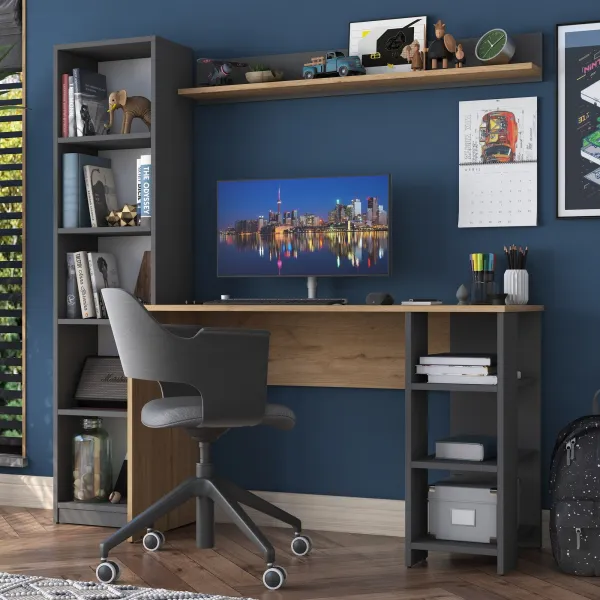 Kalune Design Moderní sada Megis s psacím stolem, knihovnou a policí ořech/antracit