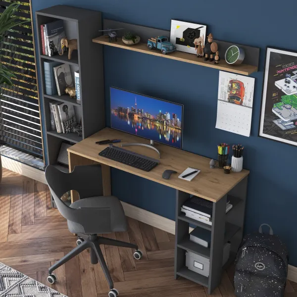 Kalune Design Moderní sada Megis s psacím stolem, knihovnou a policí ořech/antracit