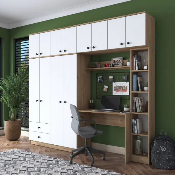 Kalune Design Sada dětského nábytku Baren s psacím stolem, šatní skříní a regálem bílá/ořech