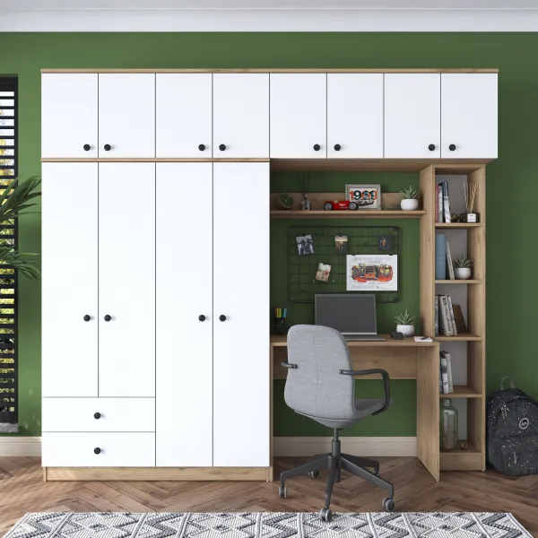 Kalune Design Sada dětského nábytku Baren s psacím stolem, šatní skříní a regálem bílá/ořech