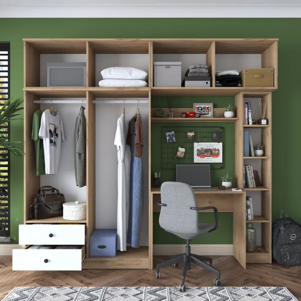 Kalune Design Sada dětského nábytku Baren s psacím stolem, šatní skříní a regálem bílá/ořech