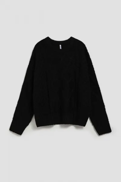 Marisse Black Long Sleeve Sweater With Decorative Weave