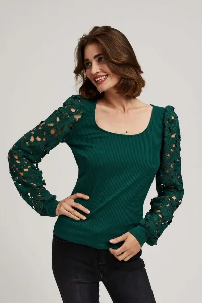Marisse Emerald Blouse With Lace Sleeves