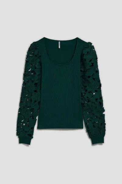 Marisse Emerald Blouse With Lace Sleeves