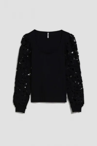 Marisse Black Blouse With Lace Sleeves