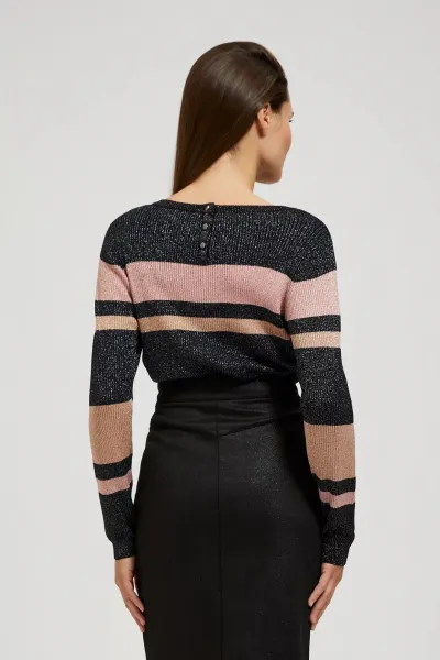 Marisse Black Striped Sweater With Metallic Thread And Round Neckline