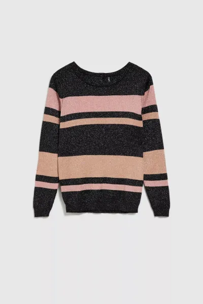 Marisse Black Striped Sweater With Metallic Thread And Round Neckline