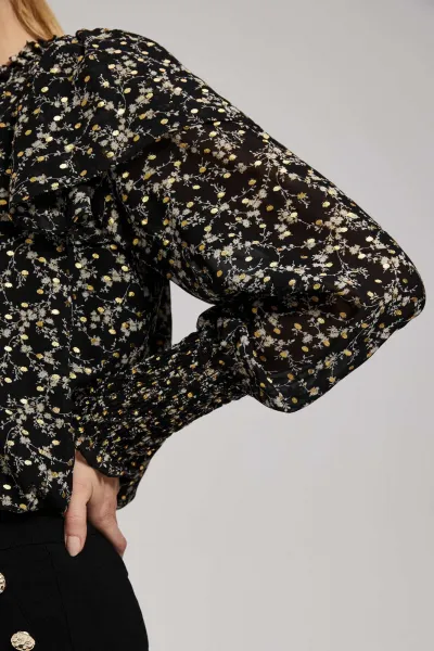 Marisse Patterned Shirt With A Tie At The Neckline, Black