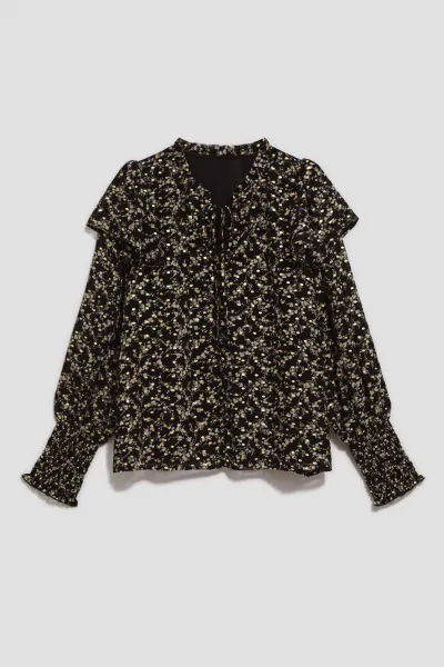 Marisse Patterned Shirt With A Tie At The Neckline, Black