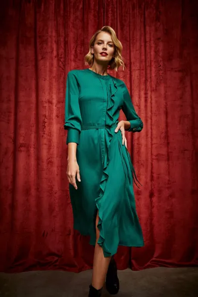 Marisse Emerald Midi Dress With Ruffles
