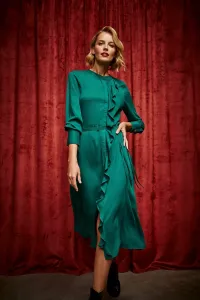 Marisse Emerald Midi Dress With Ruffles