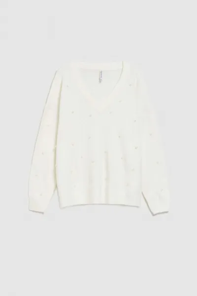 Marisse Pearl Beaded V-Neck Sweater