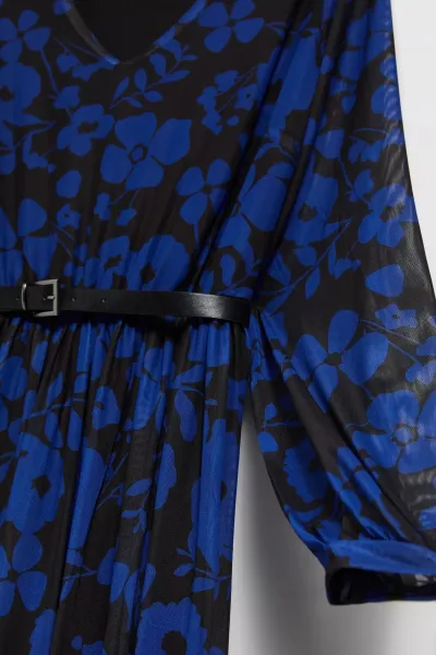 Marisse Blue Floral Print Dress With Belt