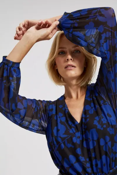 Marisse Blue Floral Print Dress With Belt