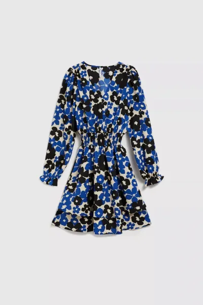 Marisse Blue Dress With A Flared Bottom And A Floral Pattern