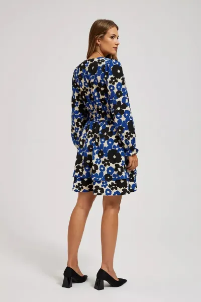 Marisse Blue Dress With A Flared Bottom And A Floral Pattern