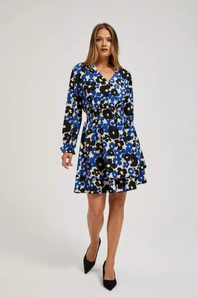 Marisse Blue Dress With A Flared Bottom And A Floral Pattern