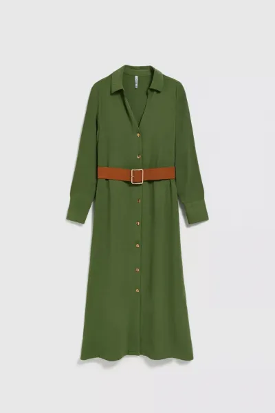 Marisse Khaki Midi Dress With Wide Belt
