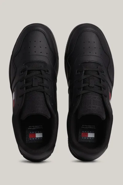 Tommy Hilfiger Men's Brand Logo Leather Top Rubber Outsole Black Sneakers Suitable for Casual Use
