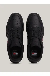 Tommy Hilfiger Men's Brand Logo Leather Top Rubber Outsole Black Sneakers Suitable for Casual Use