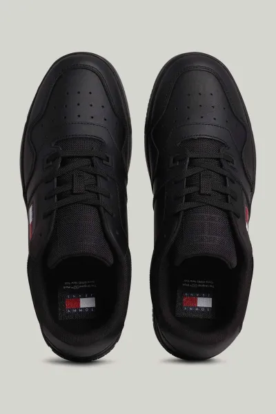 Tommy Hilfiger Men's Brand Logo Leather Top Rubber Outsole Black Sneakers Suitable for Casual Use
