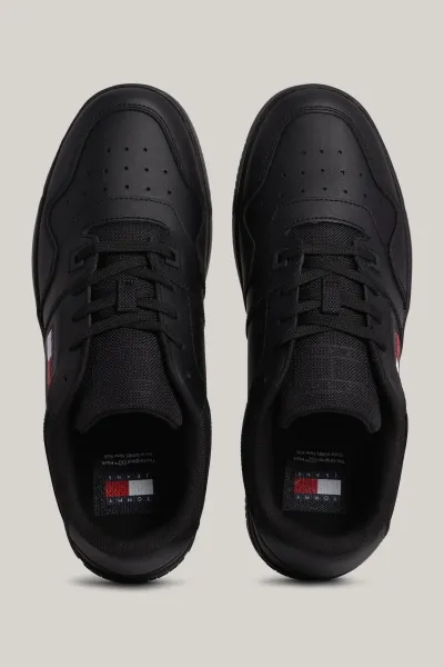 Tommy Hilfiger Men's Brand Logo Leather Top Rubber Outsole Black Sneakers Suitable for Casual Use