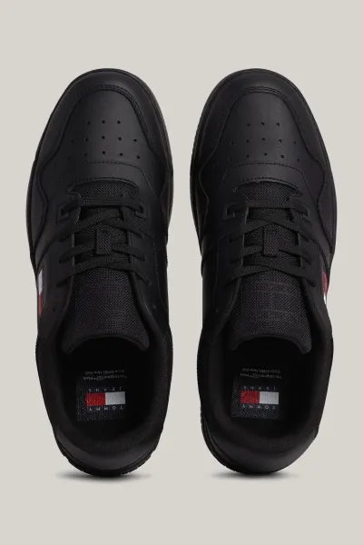 Tommy Hilfiger Men's Brand Logo Leather Top Rubber Outsole Black Sneakers Suitable for Casual Use