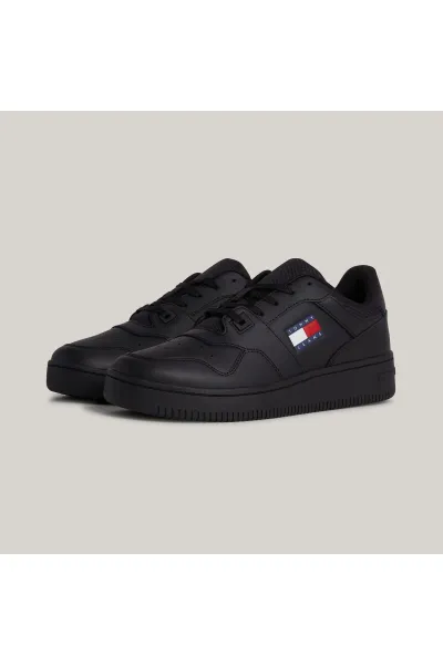 Tommy Hilfiger Men's Brand Logo Leather Top Rubber Outsole Black Sneakers Suitable for Casual Use