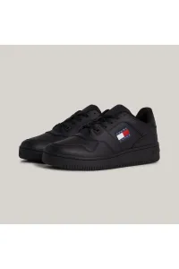 Tommy Hilfiger Men's Brand Logo Leather Top Rubber Outsole Black Sneakers Suitable for Casual Use