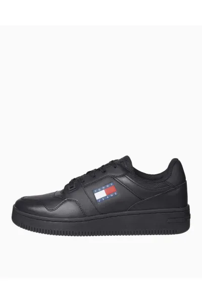 Tommy Hilfiger Men's Brand Logo Leather Top Rubber Outsole Black Sneakers Suitable for Casual Use